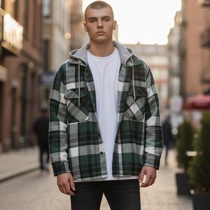 Justify Checkered Patter Hooded Button Up Long Sleeve Shirt Large